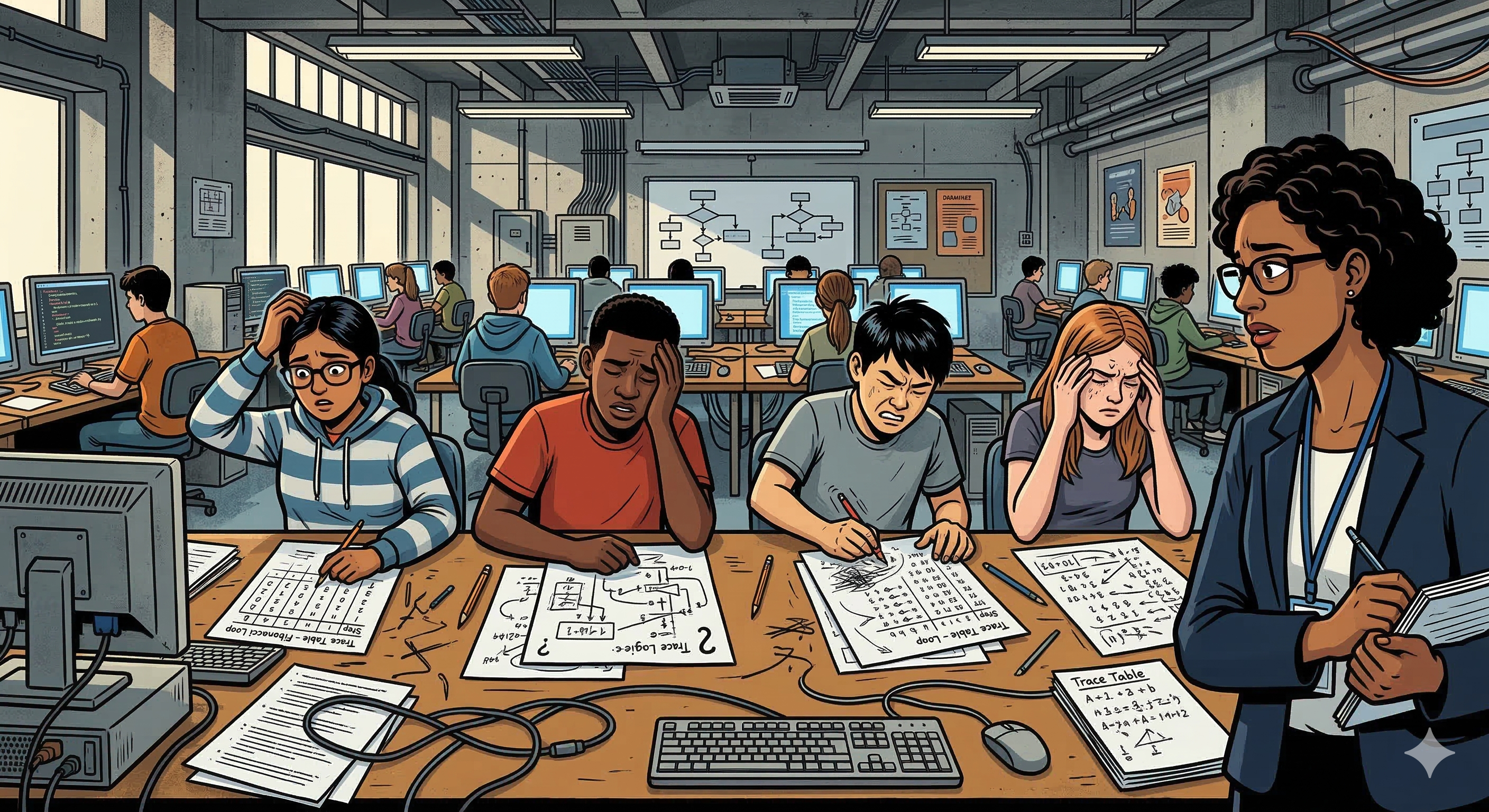 An ICT teacher observing students frustrated by paper-based algorithm tracing in a classroom environment