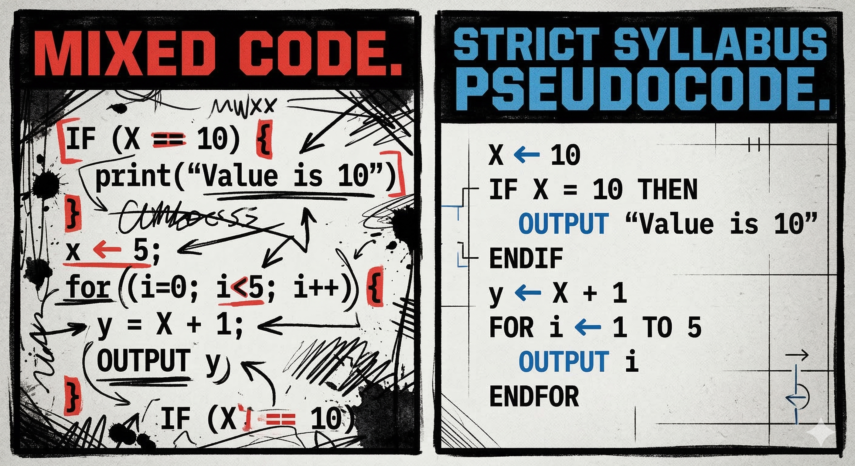 A conceptual image comparing messy Python mixed with Java syntax against clean, strict Cambridge pseudocode